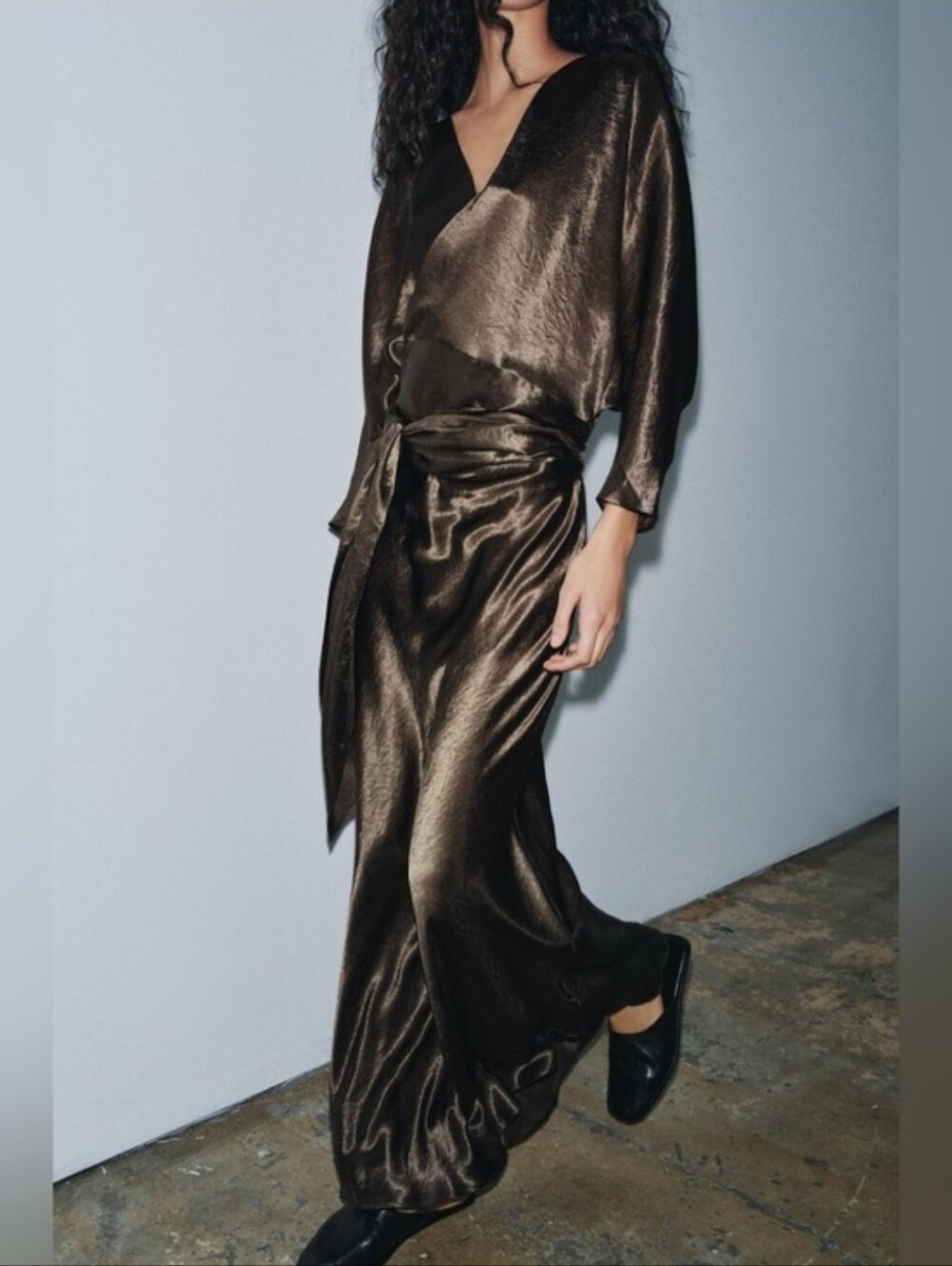 Zara NWT satin effect maxi dress brown Size L - Picture 9 of 15
